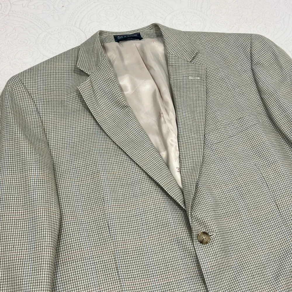 Haspel Mens Silk Wool Blazer Sport Coat 42R Tan Blue Micro Houndstooth 2 Button